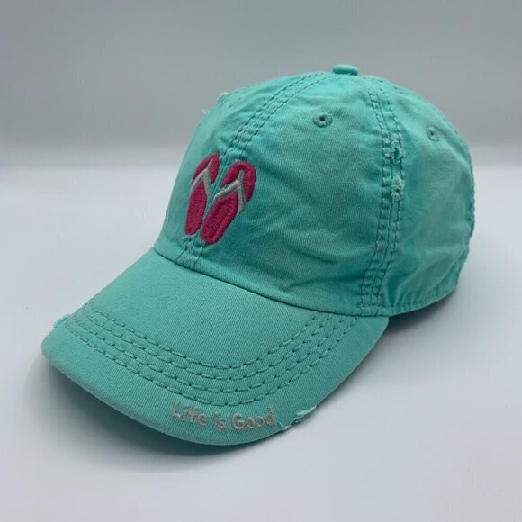 Life is Good Flip Flops Turquoise Distressed Relaxed Fit Adjustable Hat - Picture 1 of 5